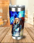 Personalized stainless steel tumbler featuring a golden retriever pet portrait as Thor with lightning.