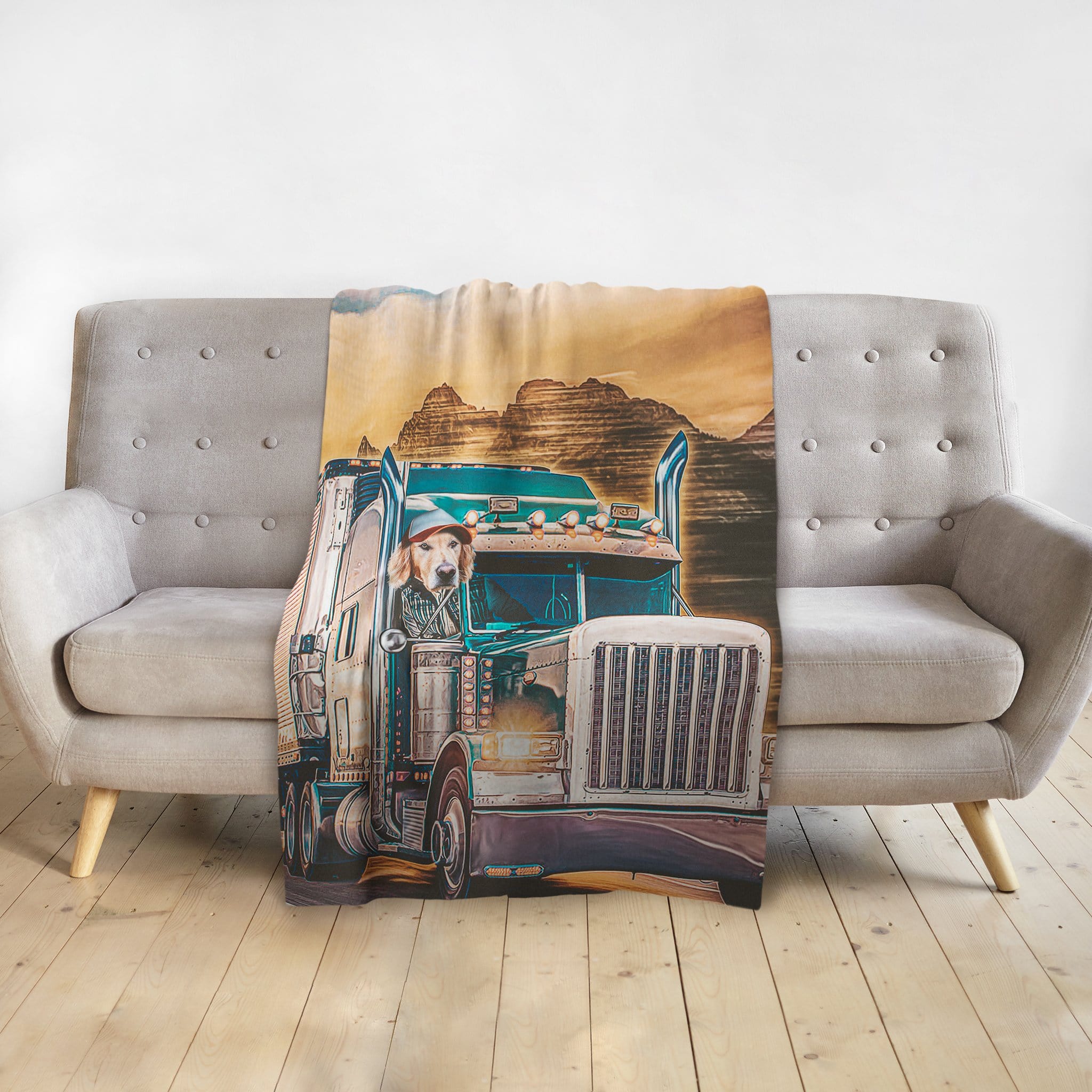 Personalized pet blanket featuring a golden retriever dog in a custom trucker portrait design.