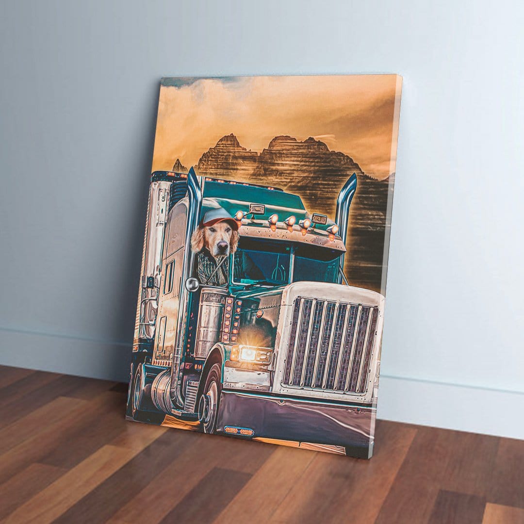 Personalized pet canvas featuring a golden retriever in a blue trucker hat driving a semi-truck.