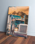 Personalized pet canvas featuring a golden retriever in a blue trucker hat driving a semi-truck.