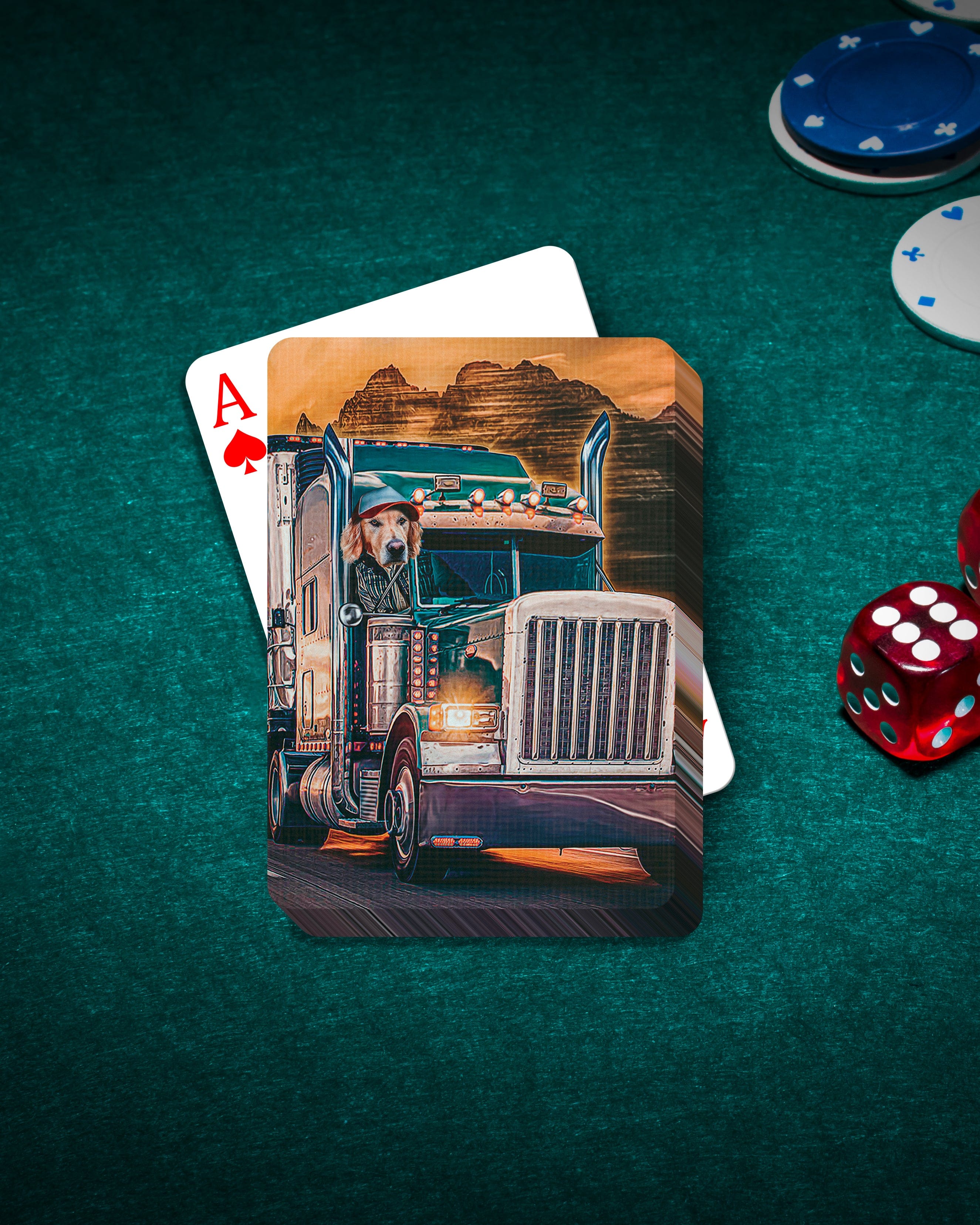 Custom personalized playing cards featuring a golden retriever dog driving a 'Trucker' semi-truck.