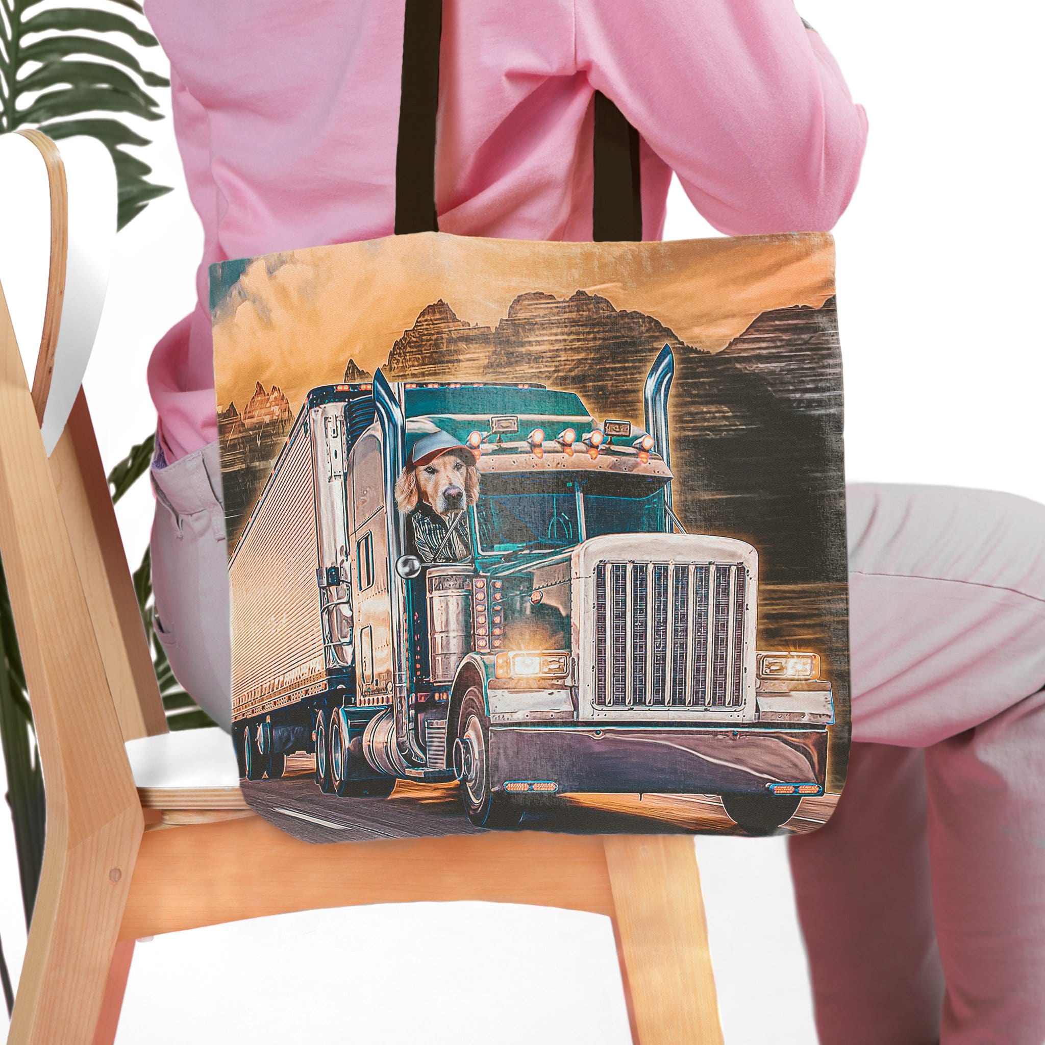 Personalized tote bag with a golden retriever pet portrait driving a semi-truck.