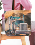 Personalized tote bag with a golden retriever pet portrait driving a semi-truck.
