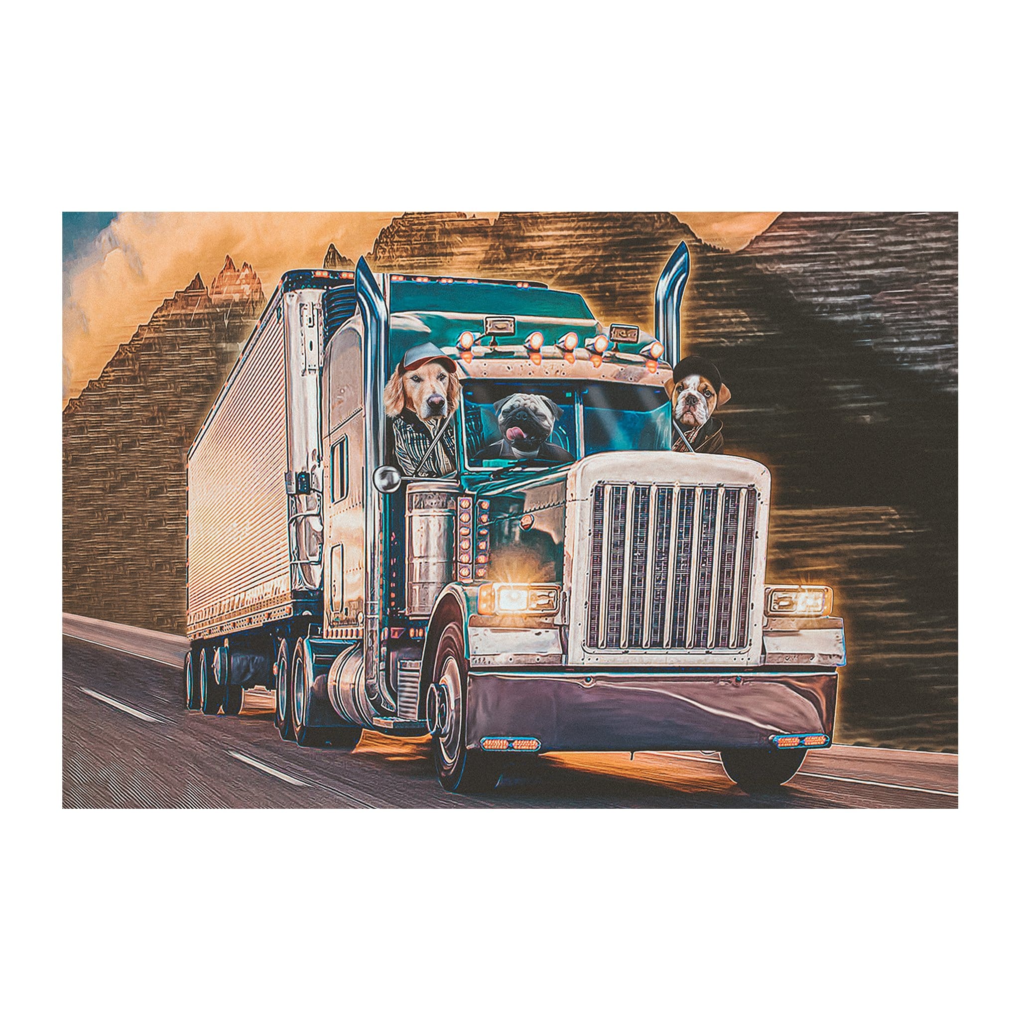 Custom digital portrait of three dogs driving a semi-truck on a highway at sunset.