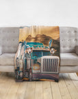 Personalized pet portrait blanket featuring two dogs in a semi-truck, draped over a gray couch.
