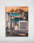 Personalized poster featuring two pets, a golden retriever and a bulldog, driving a teal semi-truck at sunset.