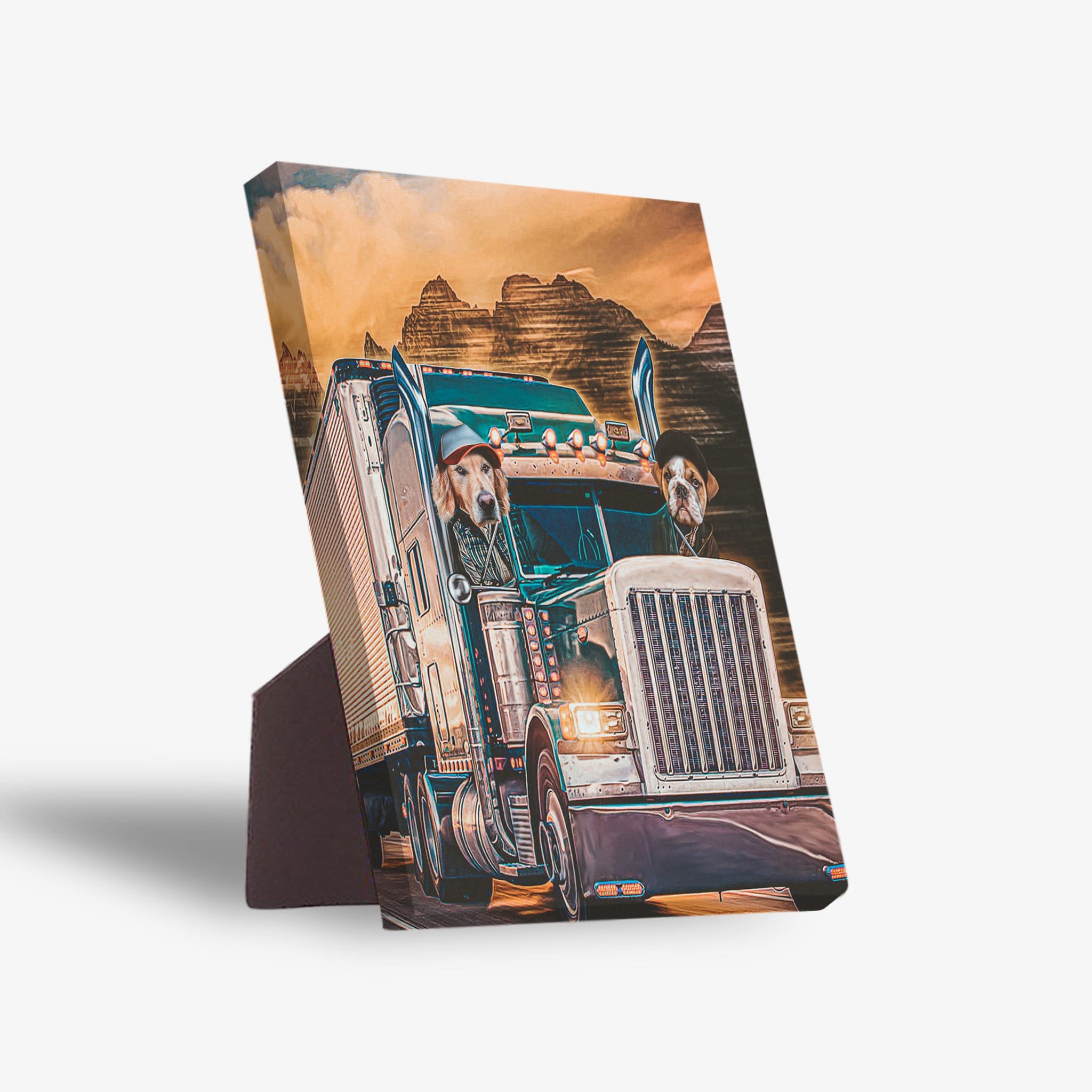 Personalized standing canvas featuring two pets in a semi-truck with a mountain background.