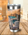 Personalized stainless steel tumbler with two dogs in a semi-truck, desert background.