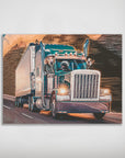 Personalized matte poster featuring three pets in a blue semi-truck driving on a highway.