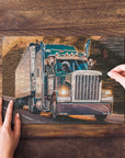 Custom personalized puzzle featuring three pets as truckers in a semi-truck, partially assembled on wood.