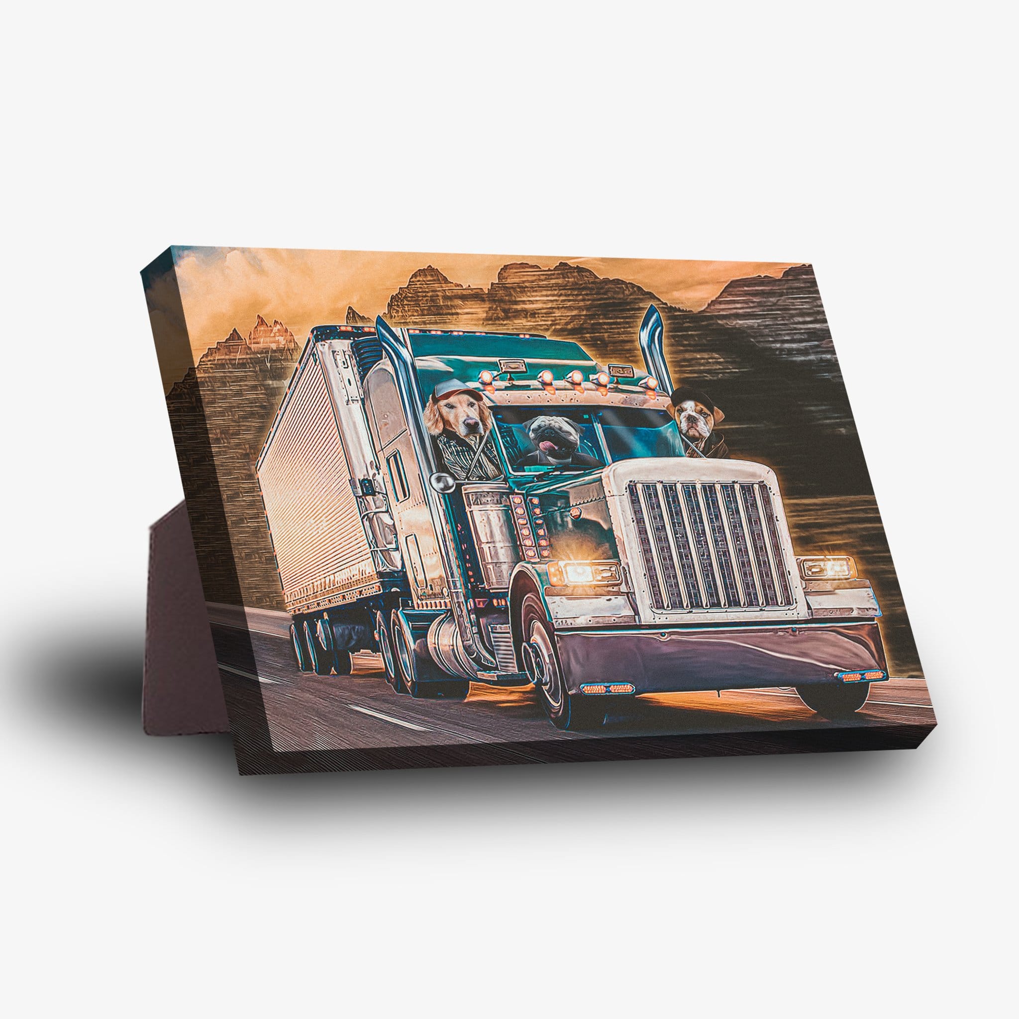 Personalized 3-pet canvas featuring dogs in a semi-truck, with a sturdy stand for display.