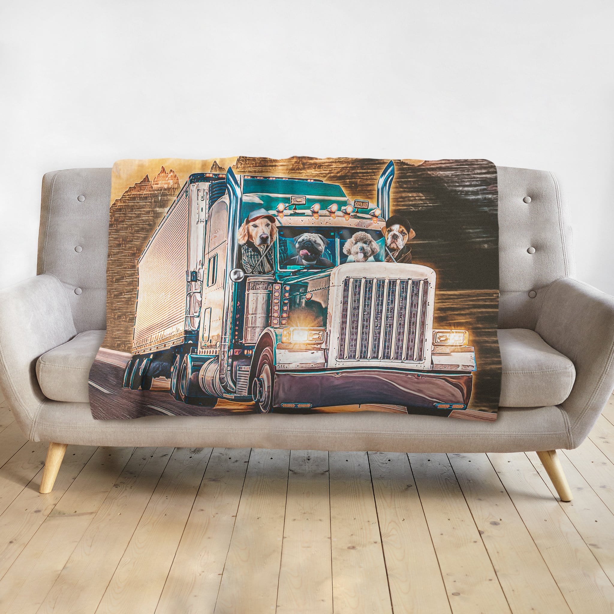 Personalized 4-pet portrait blanket featuring dogs in a custom trucker semi-truck design.