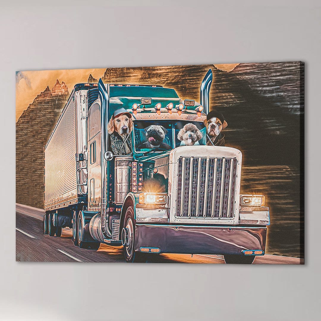 Personalized canvas art: four pets driving a blue semi-truck on a road with mountains.