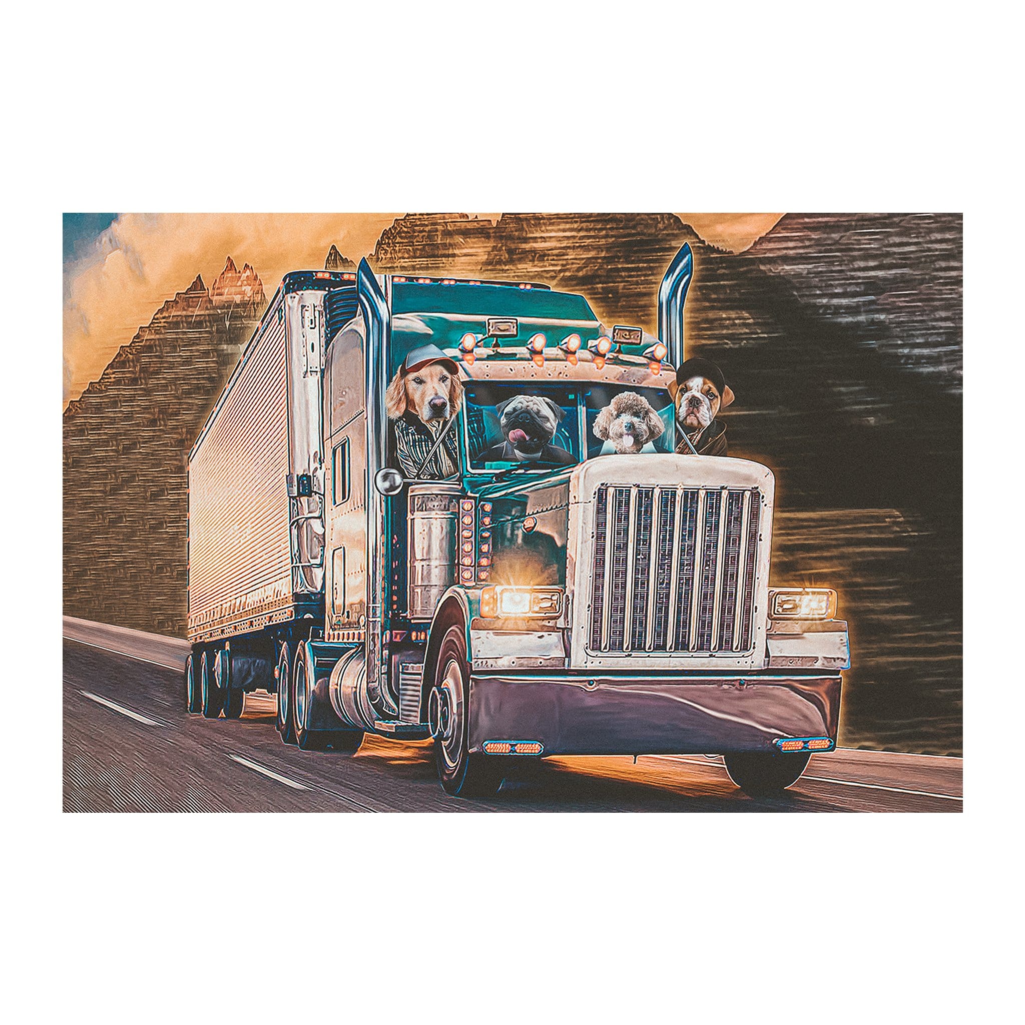 Personalized 4-pet digital portrait: dogs in a semi-truck, 'The Truckers' style.