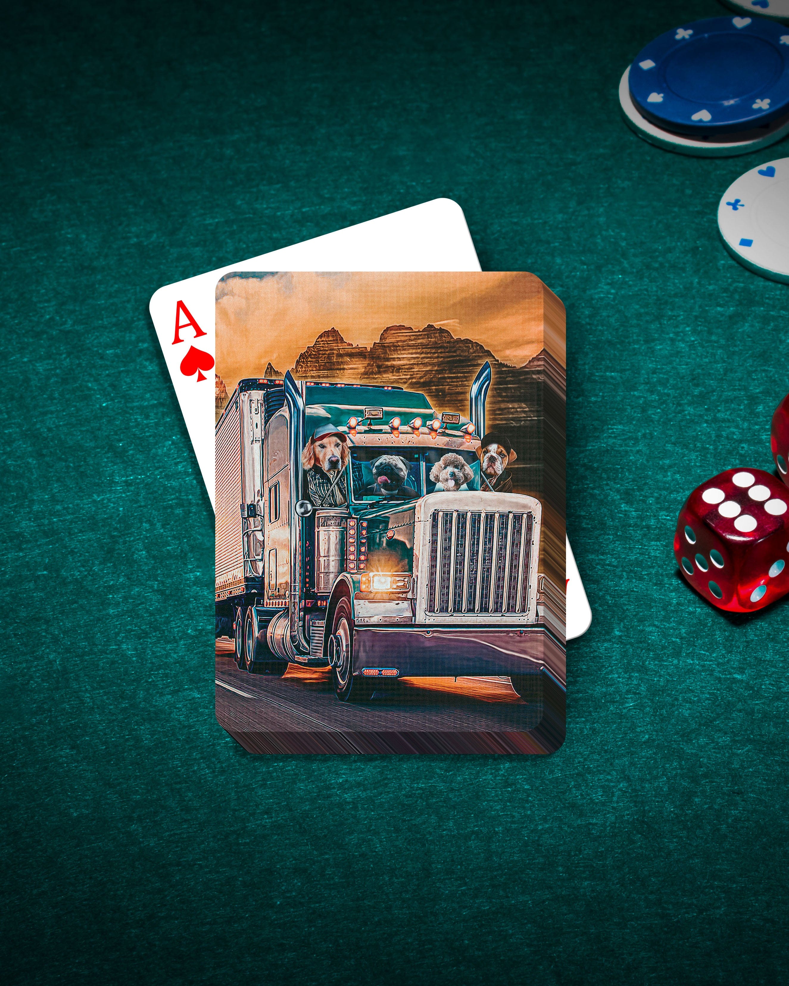 Custom personalized playing cards featuring four dogs in a semi-truck, with poker chips and dice on a green felt table.