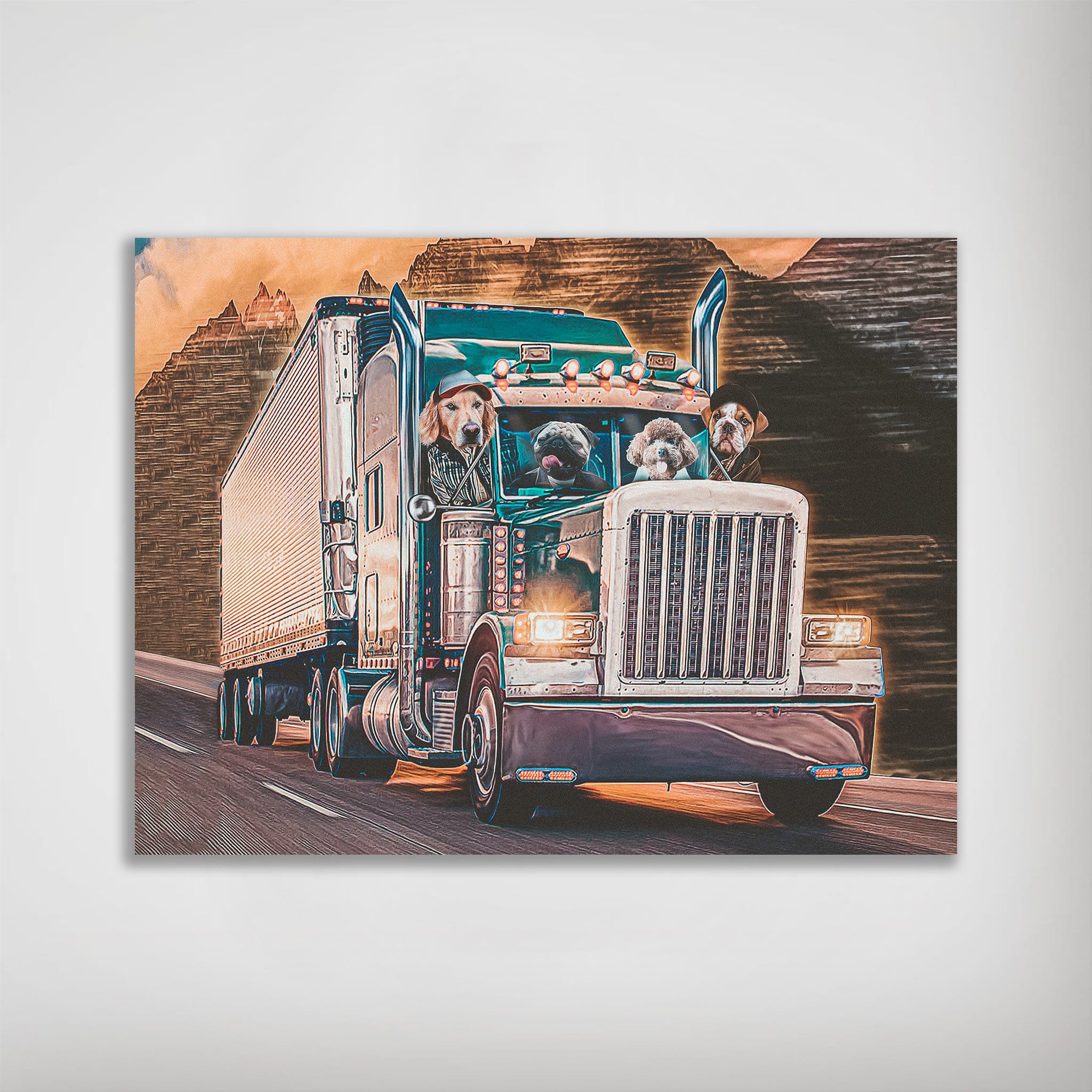 Personalized 'The Truckers' poster featuring four pets in a blue semi-truck on a road.