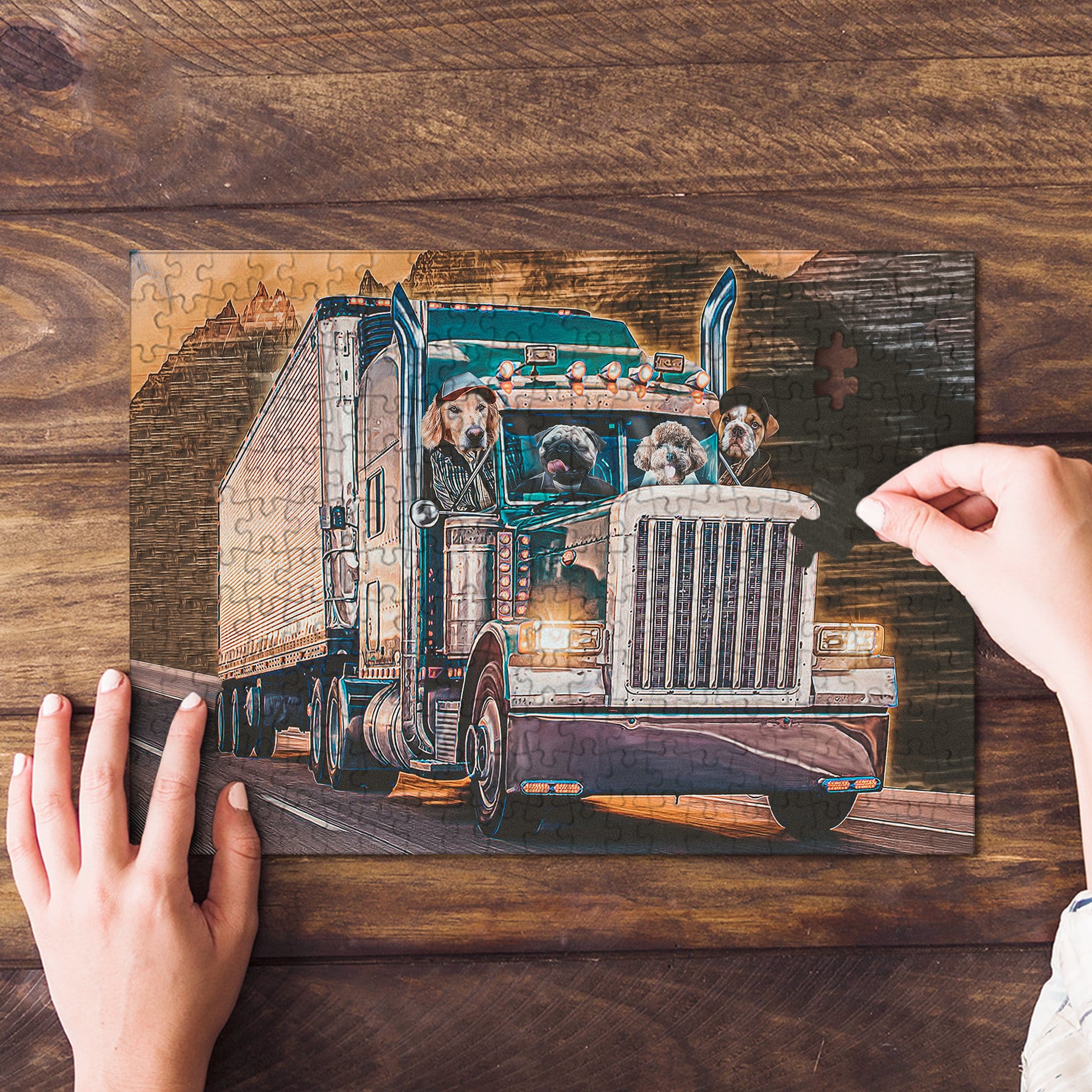 Personalized 4-pet puzzle featuring dogs in a custom cartoon trucker portrait.