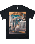 Black Gildan t-shirt featuring a personalized graphic of four pets riding in a blue semi-truck.