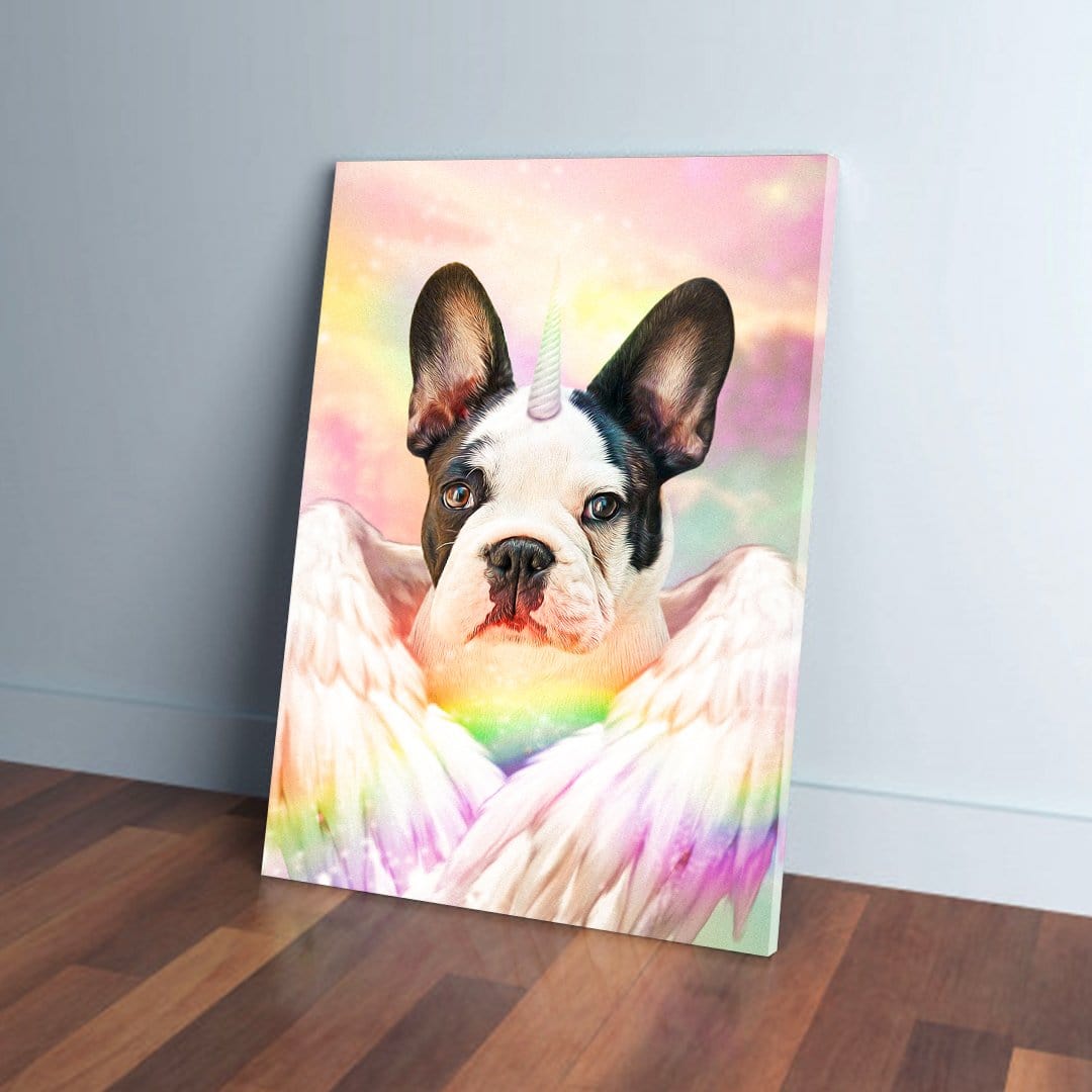 Personalized pet canvas featuring a French Bulldog as a unicorn with rainbow wings against a pastel sky.