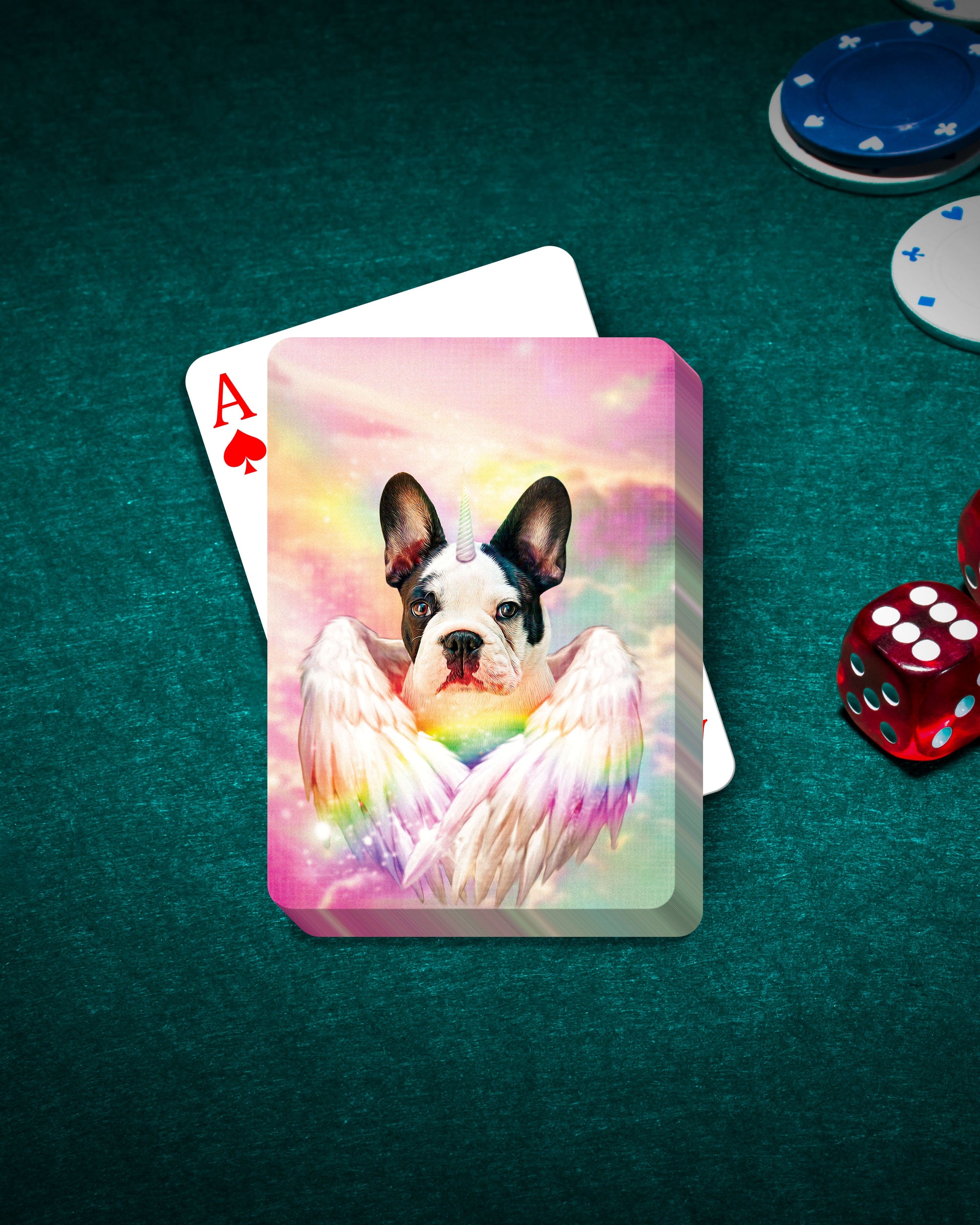 Custom playing cards with a personalized French Bulldog pet portrait as a unicorn with rainbow wings.