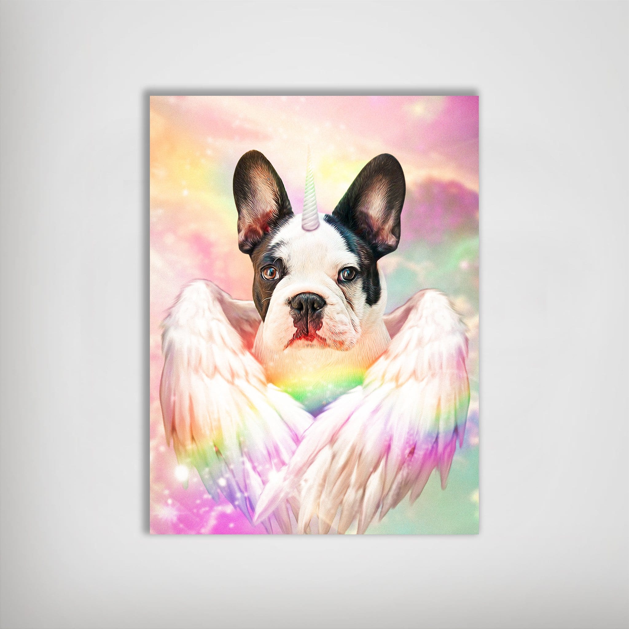 Personalized 'Unicorn' pet poster featuring a French Bulldog with a horn and rainbow wings on a pastel background.