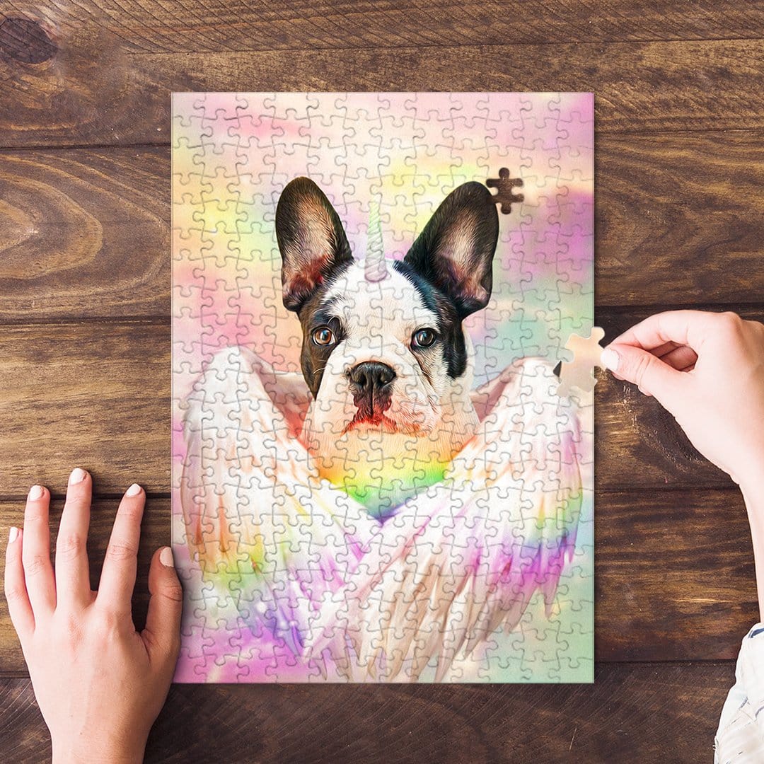Personalized pet puzzle featuring a French bulldog as a unicorn with wings on a rainbow background.