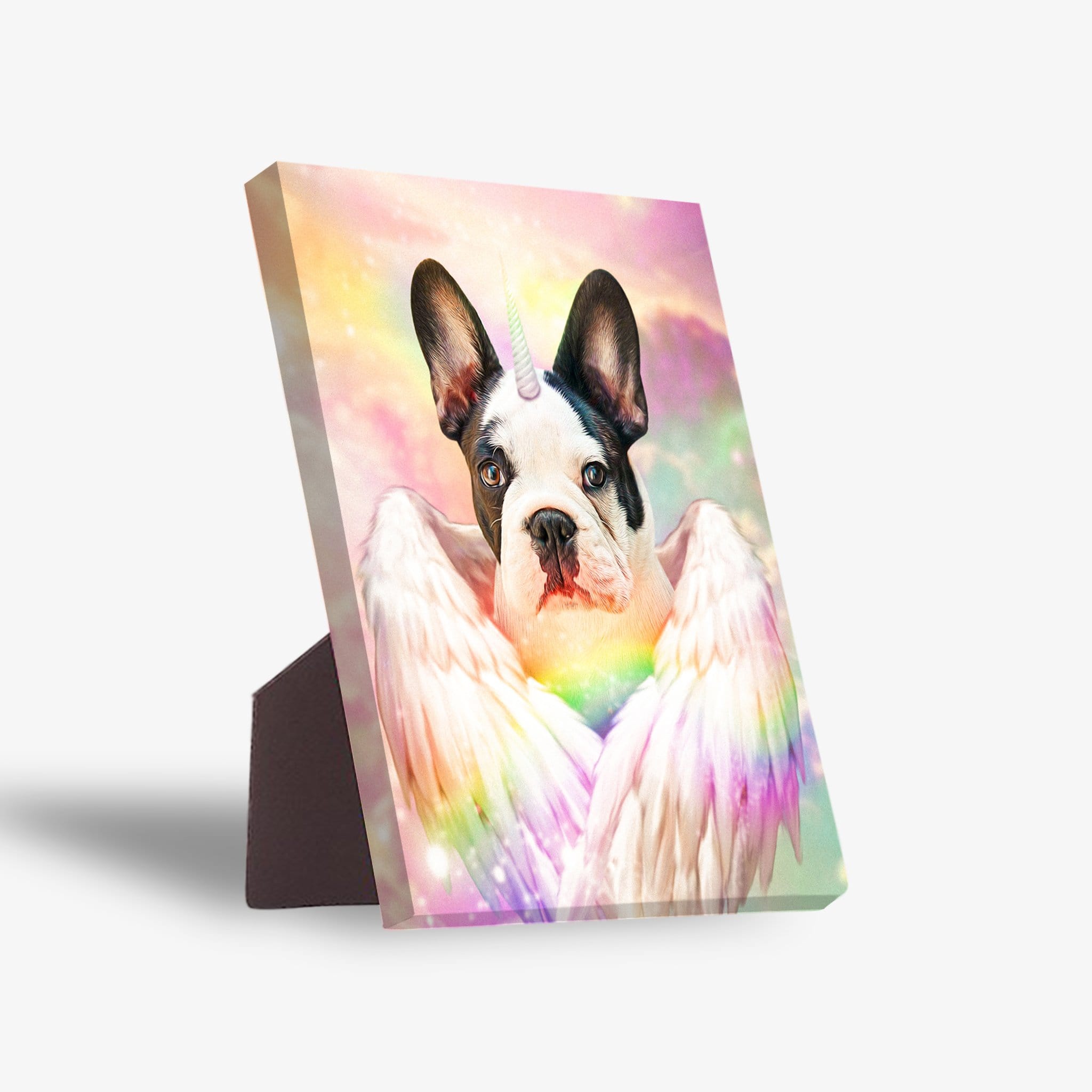 Personalized pet standing canvas featuring a French bulldog as a unicorn with rainbow wings against a pastel sky.