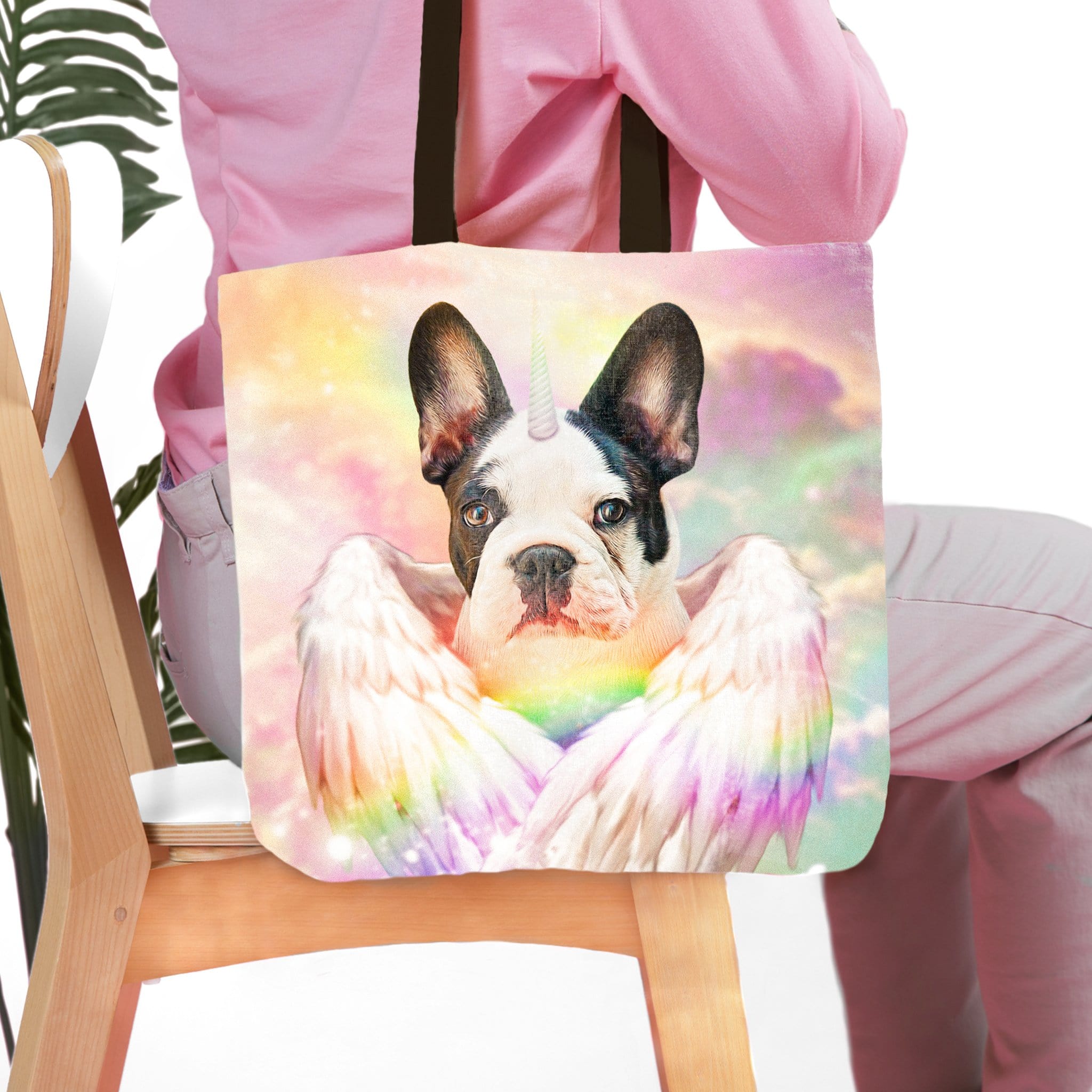 Personalized tote bag with a French Bulldog pet portrait as a unicorn with rainbow wings.