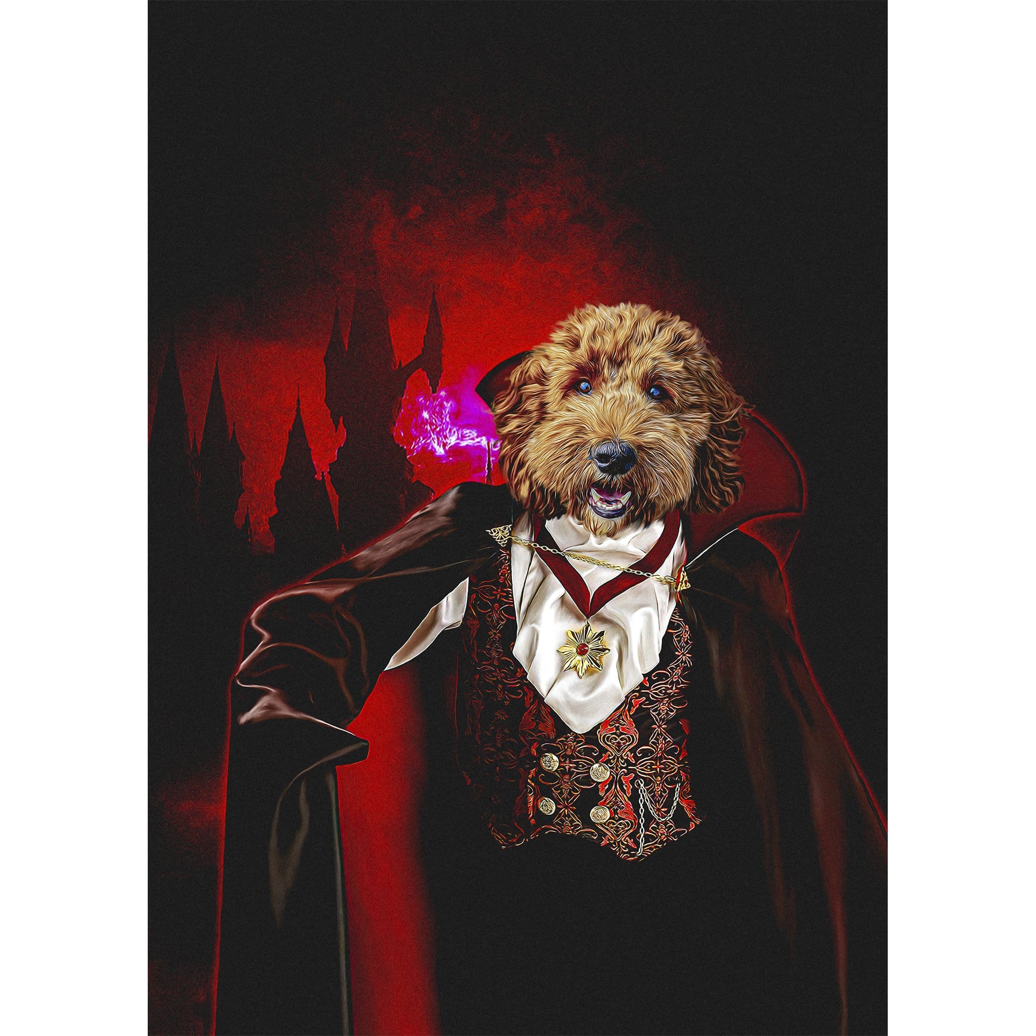 Custom digital portrait of a dog dressed as a vampire against a red and black castle background.