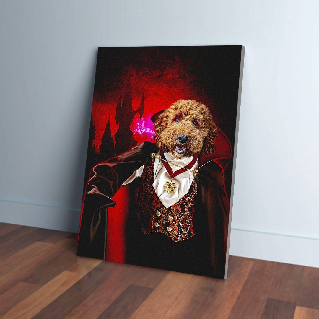 Personalized pet canvas featuring a brown dog in a vampire costume against a red castle backdrop.