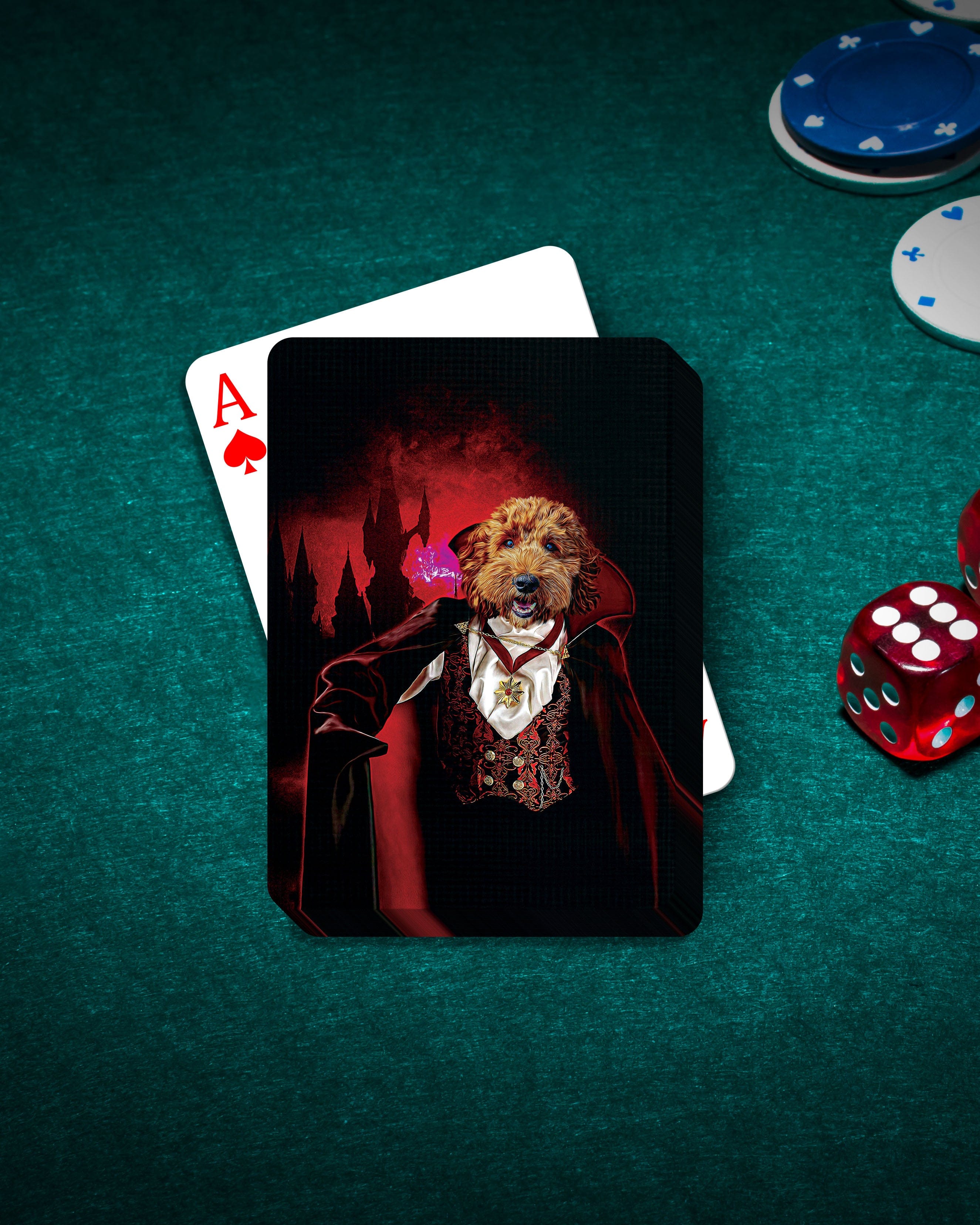 Custom personalized playing cards featuring a dog in a "Vampire" portrait style on a green poker table.