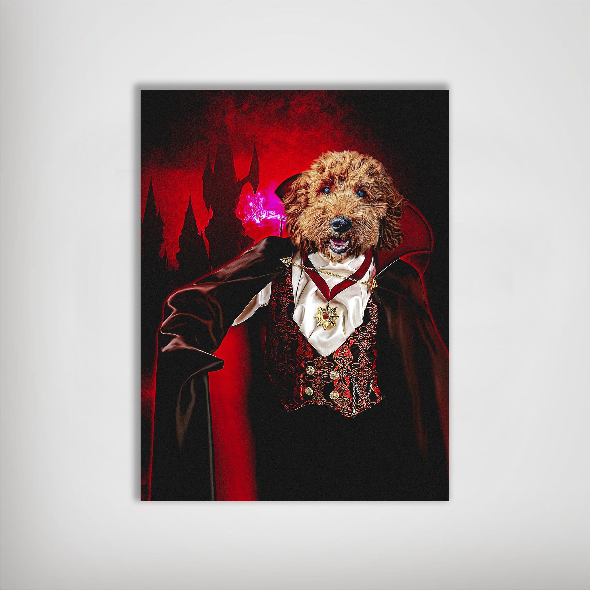 Personalized pet poster featuring a golden doodle dressed as a vampire, with a red castle backdrop.