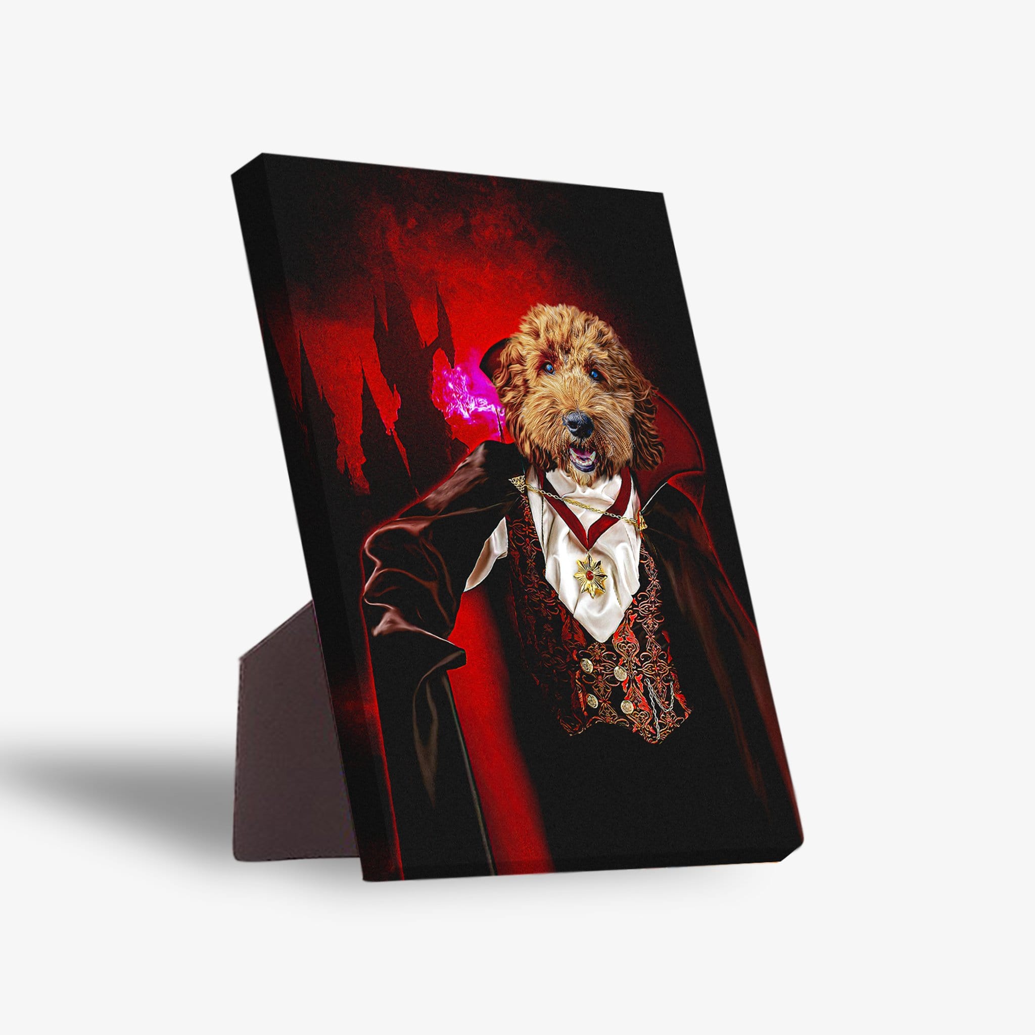 Personalized pet standing canvas featuring a golden doodle dressed as a vampire against a red and black background.