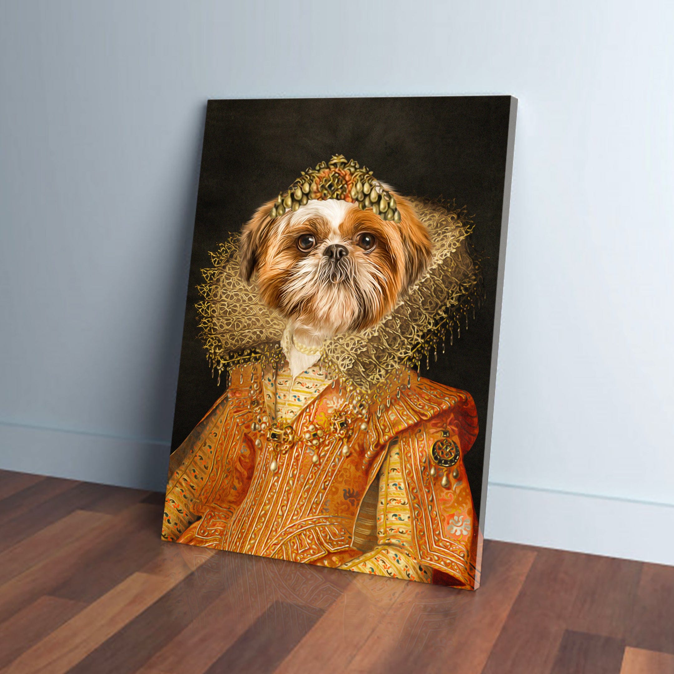 Custom pet canvas featuring a Shih Tzu in a regal Victorian princess gown and crown, leaning against a wall.