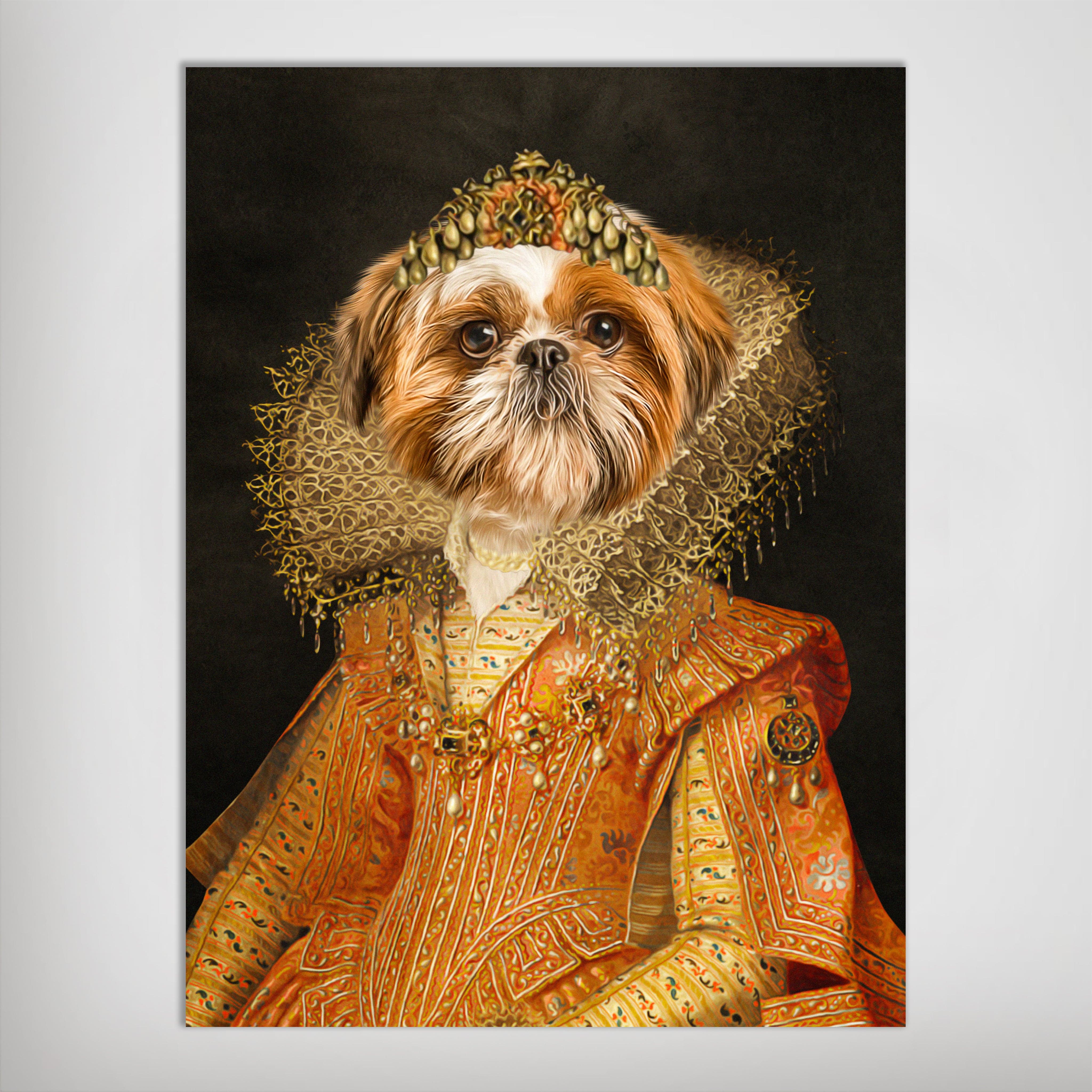 Personalized 'Victorian Princess' pet poster featuring a Shih Tzu in an ornate orange gown and gold crown.