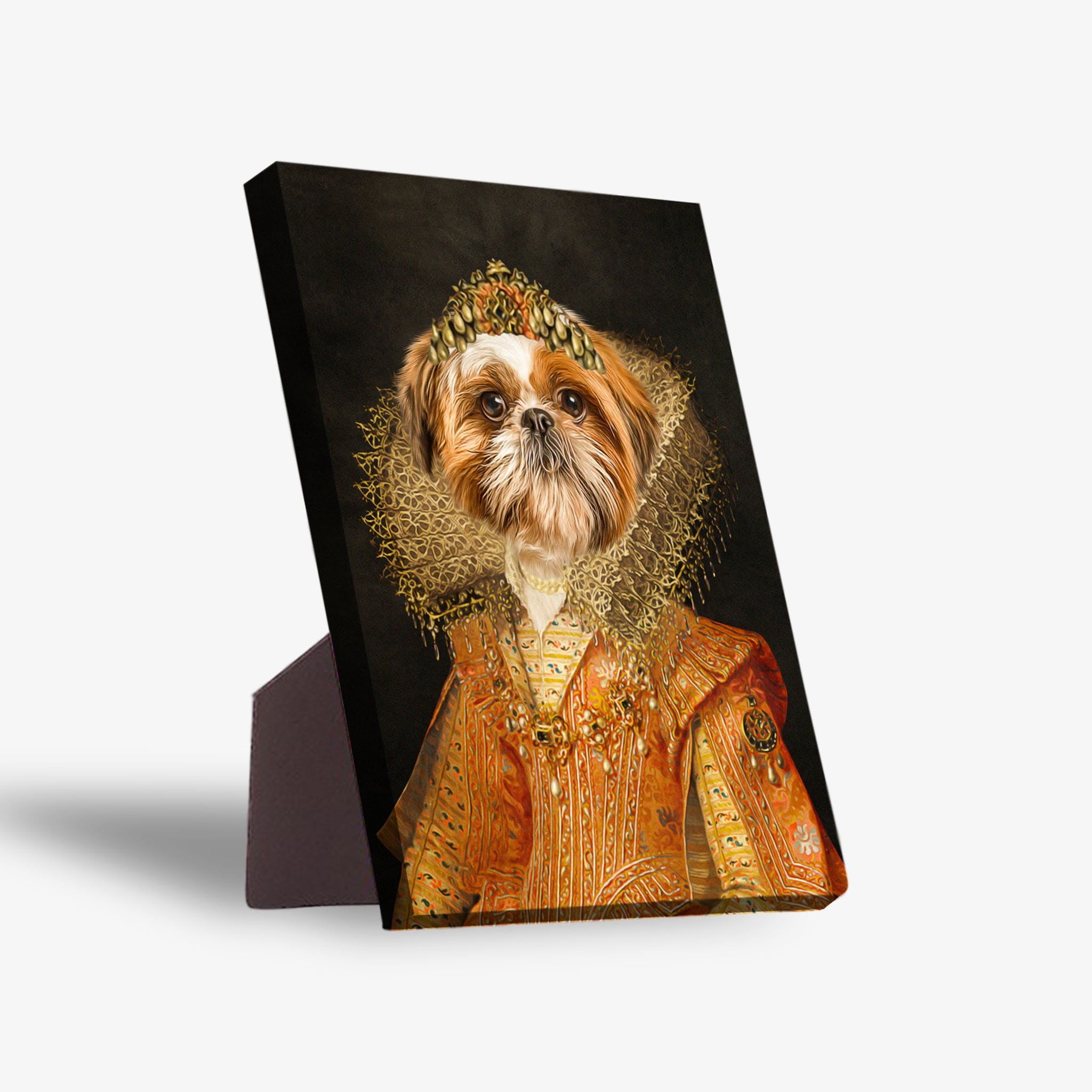 Shih Tzu in a Victorian princess costume on a personalized pet standing canvas with a sturdy stand.