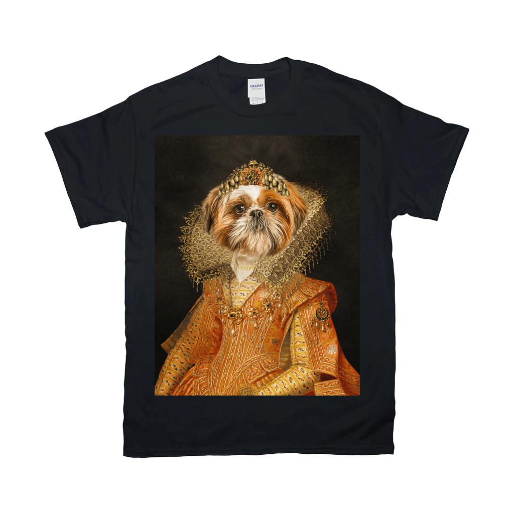 Black Gildan t-shirt with a personalized "Victorian Princess" Shih Tzu pet portrait in an orange gown.