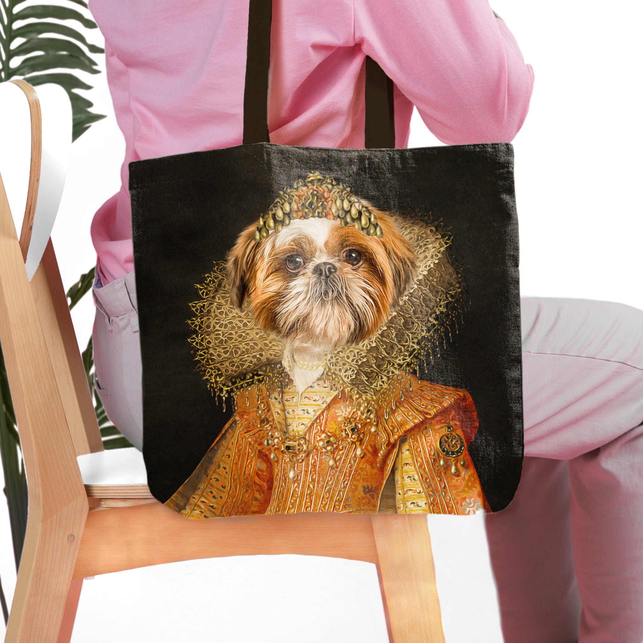 Personalized black tote bag with a custom royal renaissance portrait of a Shih Tzu dog.