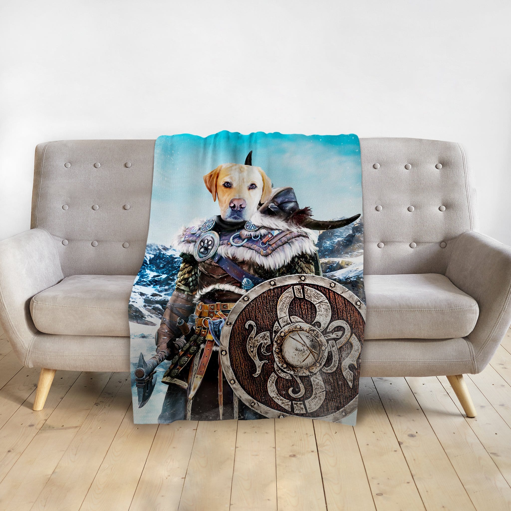 Personalized pet blanket featuring a Labrador dog in a Viking warrior portrait.