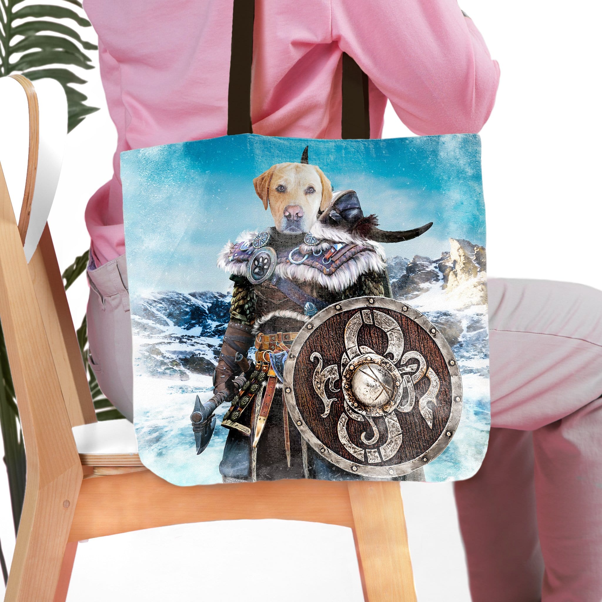Personalized tote bag with a golden retriever pet portrait as a Viking warrior in a snowy landscape.