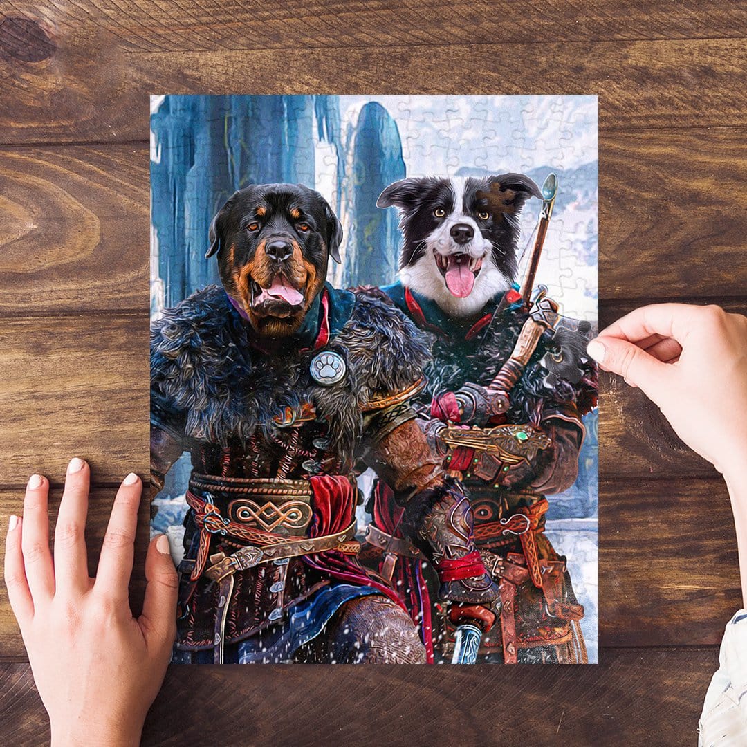 Personalized 2-pet puzzle featuring two dogs in Viking warrior costumes, set against a snowy landscape.