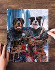 Personalized 2-pet puzzle featuring two dogs in Viking warrior costumes, set against a snowy landscape.