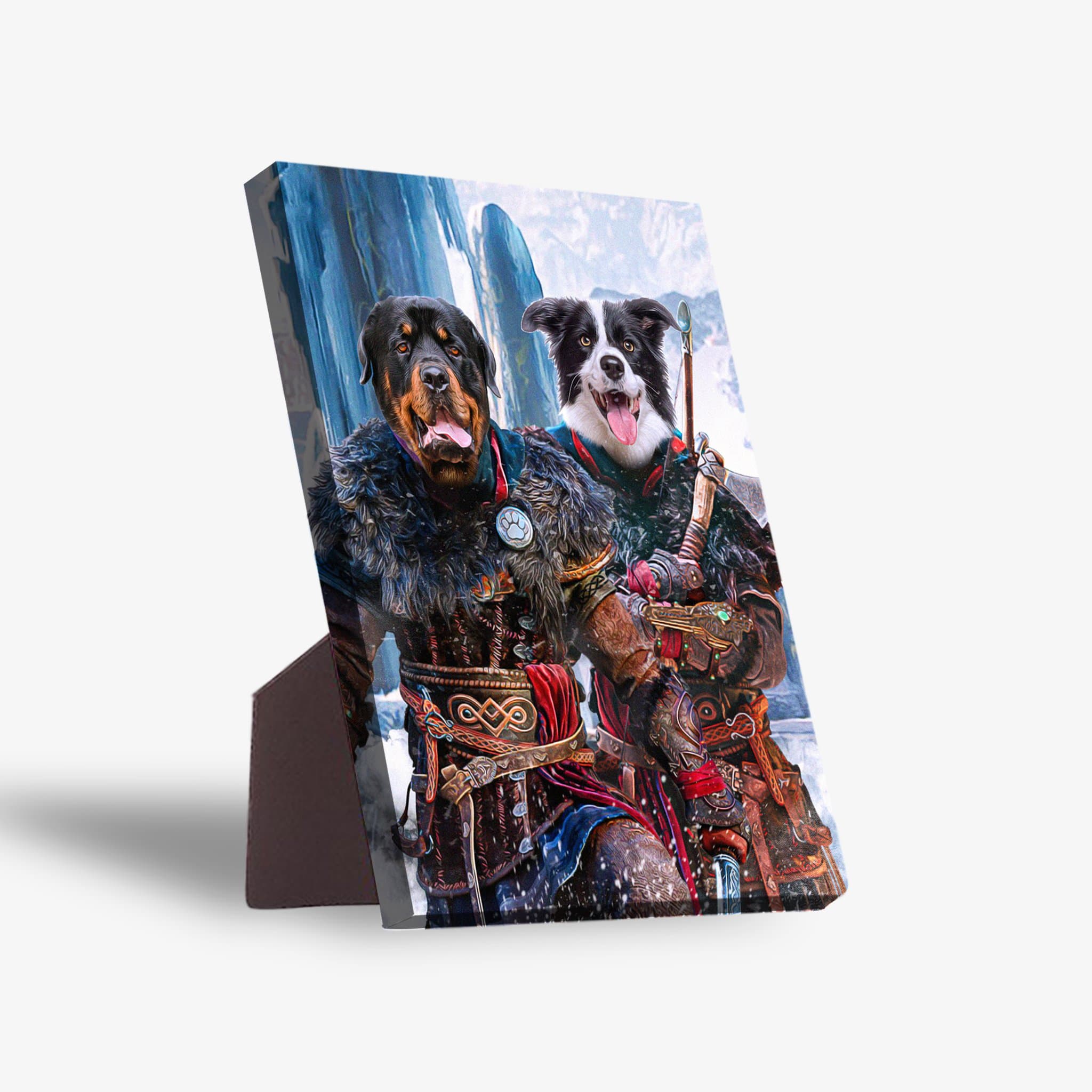Personalized 2-pet standing canvas featuring a Rottweiler and Border Collie as Viking warriors in a snowy landscape.