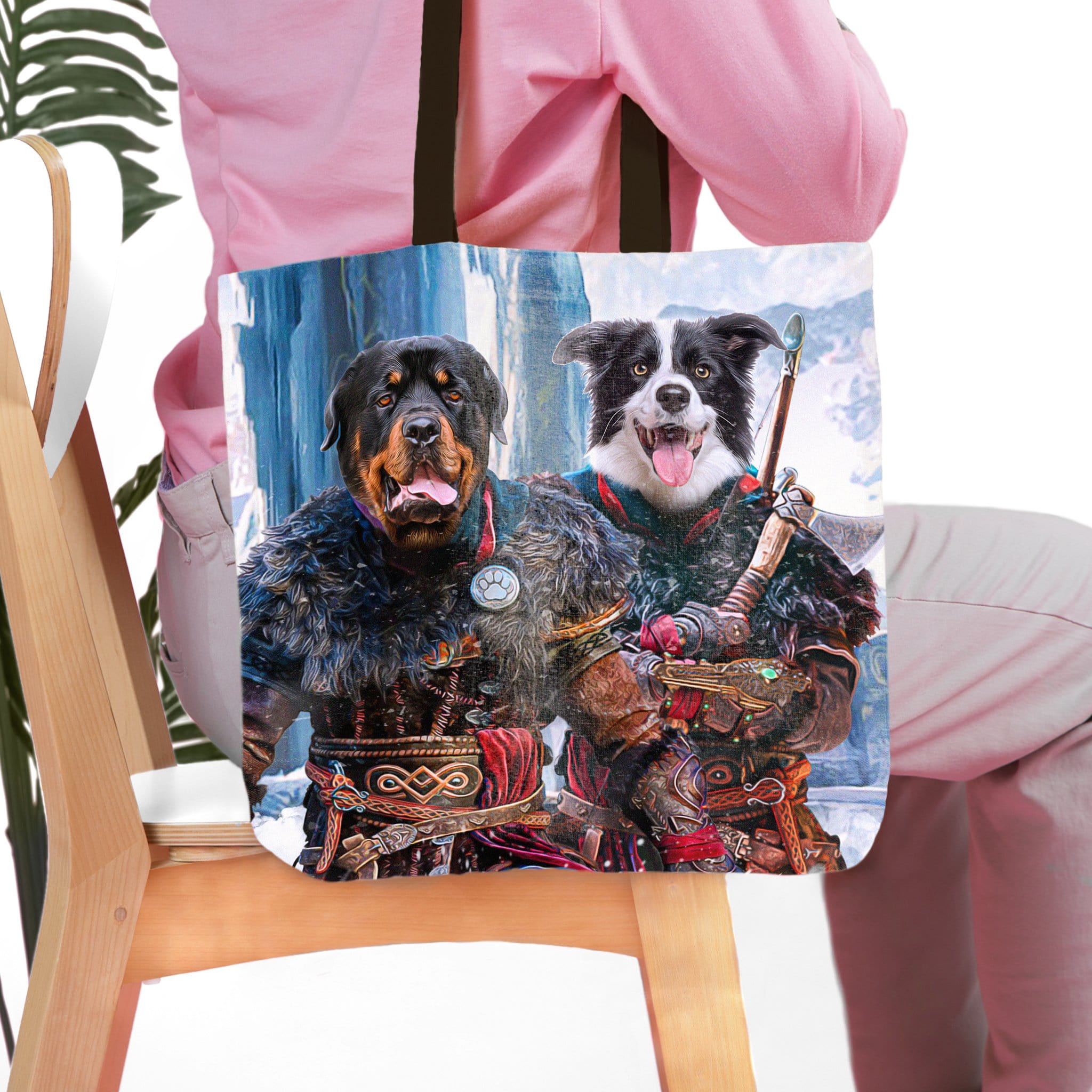 Personalized 2-pet Viking Warriors tote bag featuring a Rottweiler and Border Collie portrait.
