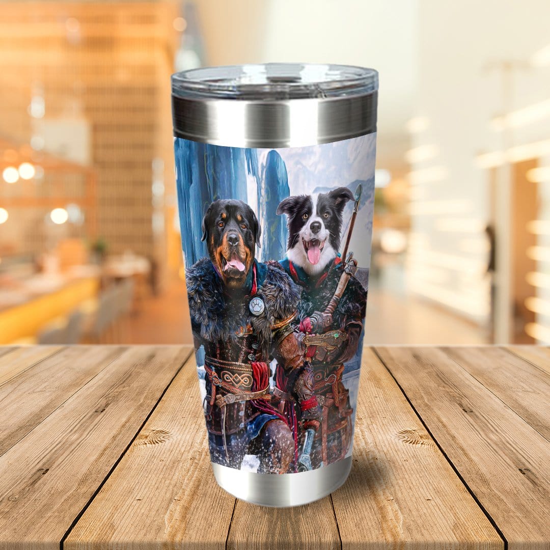Personalized stainless steel tumbler with two pets as Viking warriors, a Rottweiler and a Border Collie.