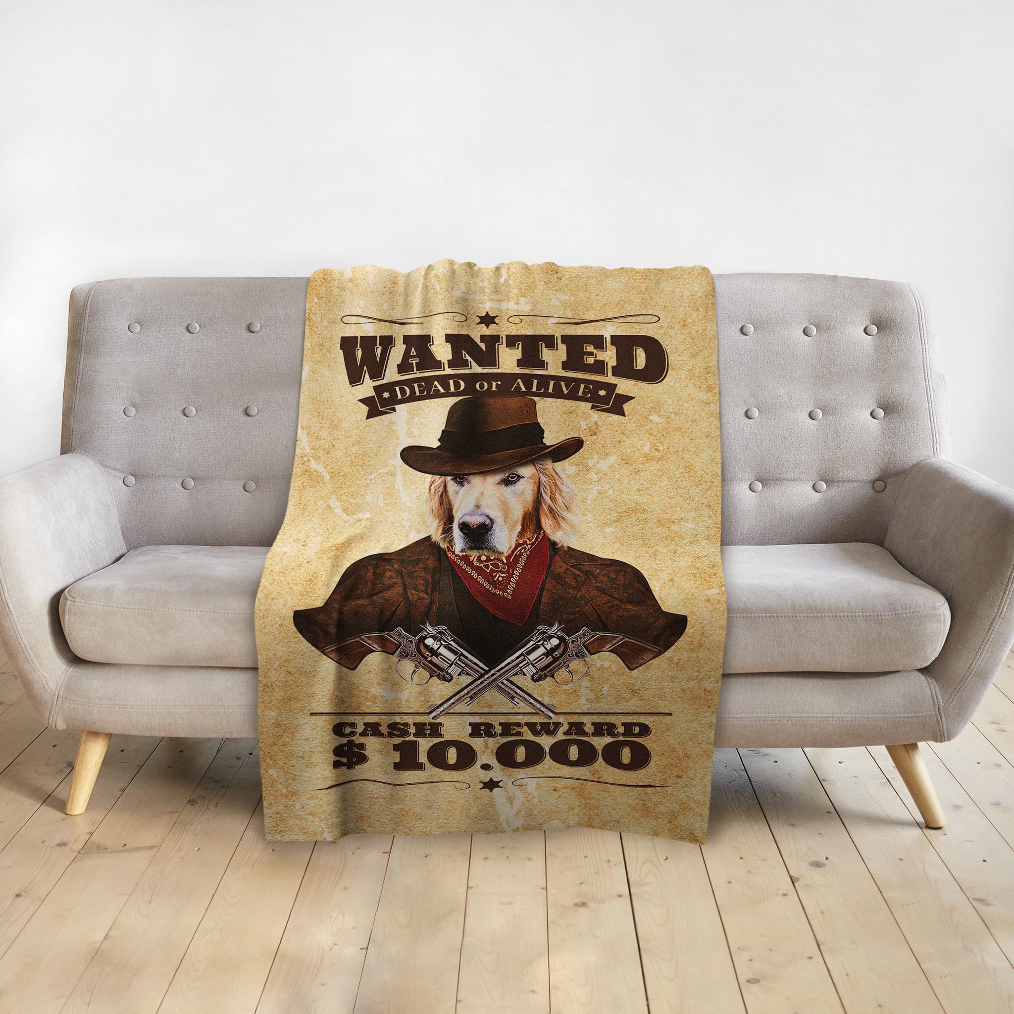 Personalized pet blanket with a golden retriever in a "Wanted Dead or Alive" cowboy portrait.