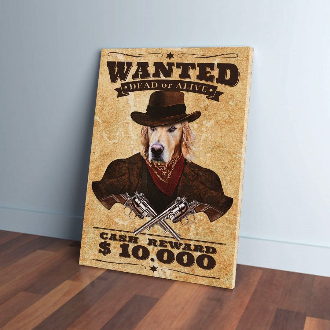 Personalized "Wanted" pet canvas featuring a golden retriever in a cowboy hat and bandana, with crossed revolvers.