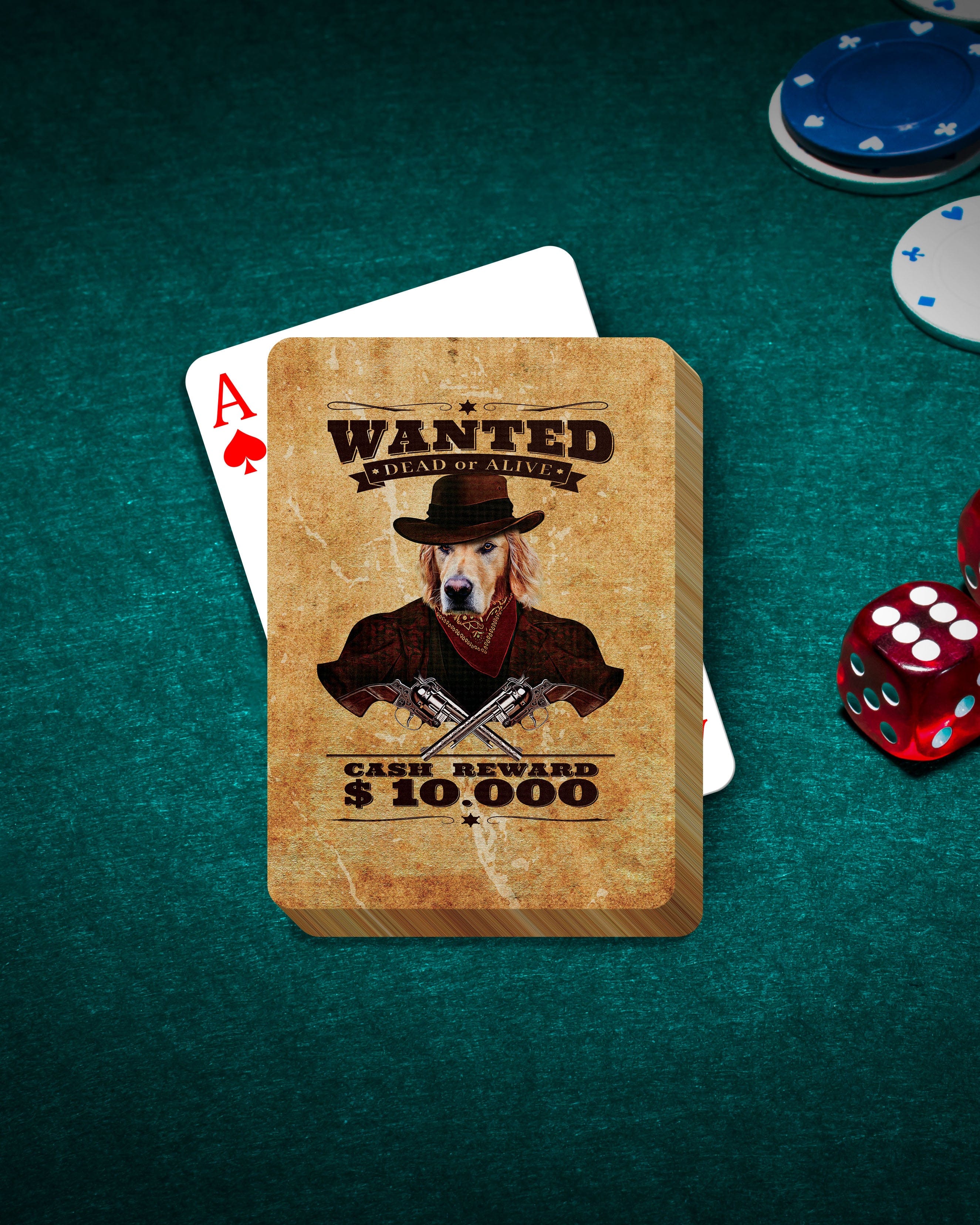 Custom 'Wanted' playing cards featuring a golden retriever pet portrait in a cowboy hat, on a green felt table with poker chips and dice.