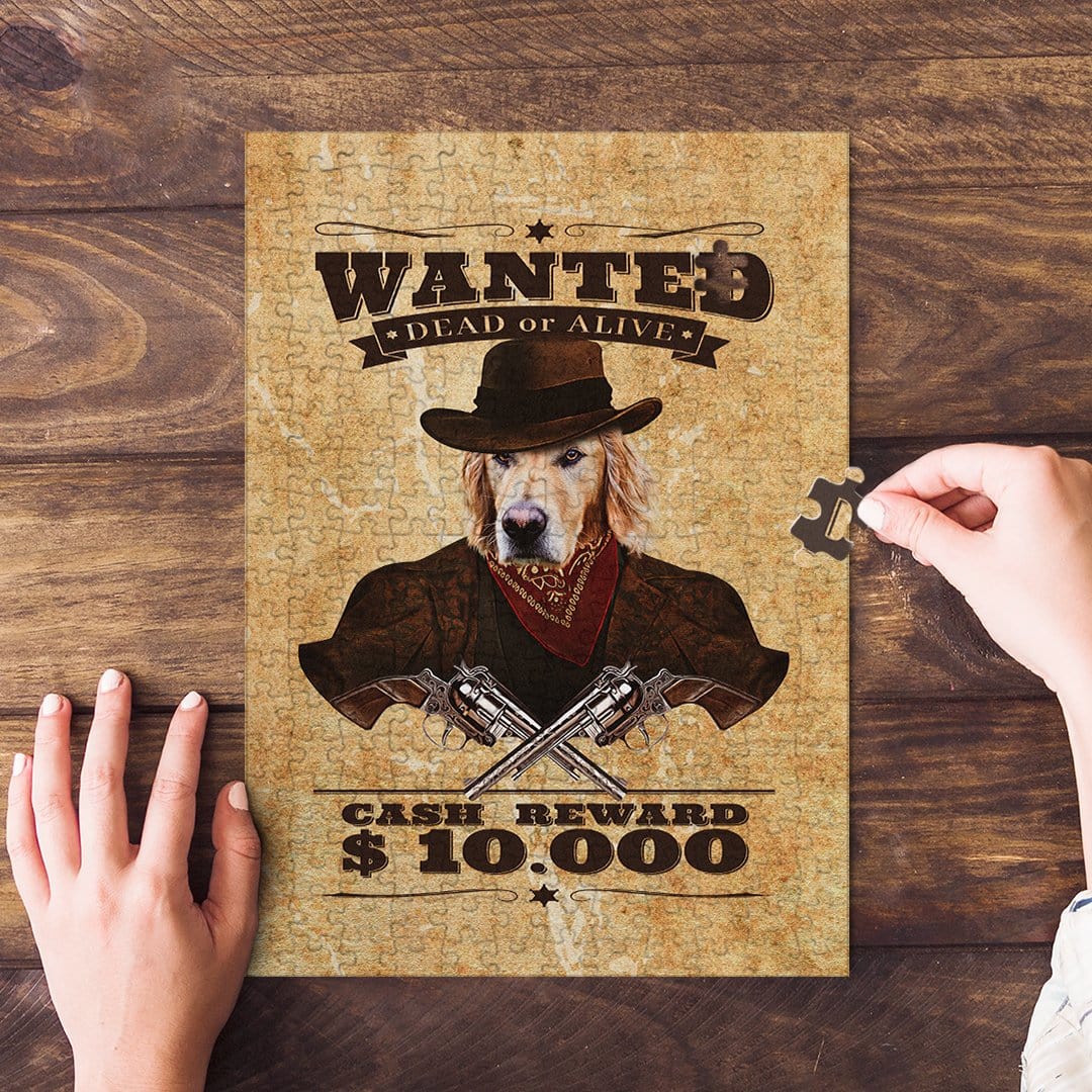 Custom pet puzzle featuring a golden retriever in a "Wanted: Dead or Alive" cowboy portrait.