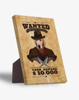 Personalized 'Wanted' pet standing canvas featuring a golden retriever in cowboy attire with crossed revolvers.